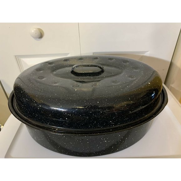 Vintage Cobalt Blue Graniteware Roaster 17" x 12" Enamelware Pot Splatt… - Picture 6 of 8